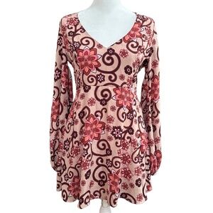Forever 21 Dress Womens Size Small Pink Aline Floral Longsleeve Vneck Chic‎